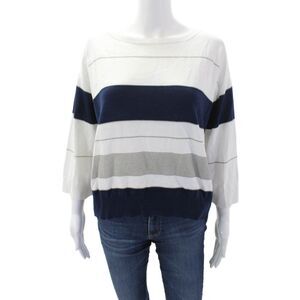 Tonet Womens Cotton Round Neck Long Sleeve Striped Knit Top White Size S